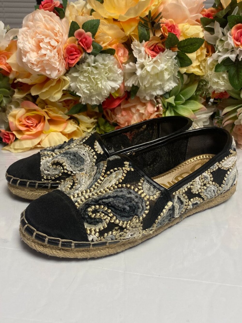 Sam Edelman Women's Embroidered Espadrille Flats Black Gray Paisley Size 6